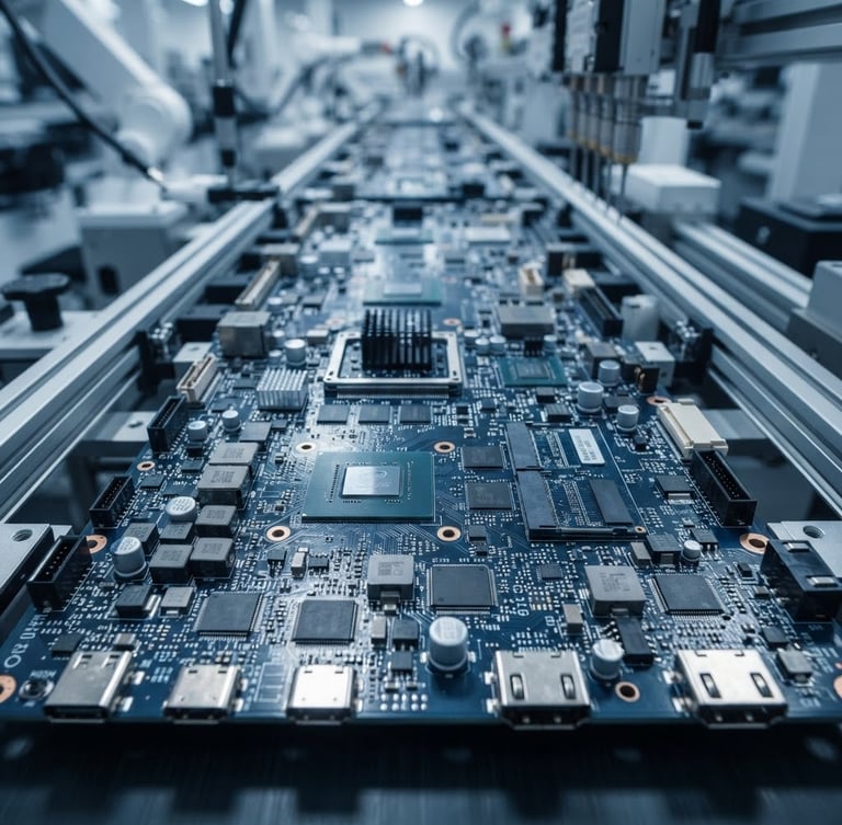 Gros plan sur des circuits imprimés de haute précision, des puces électroniques et des composants sur une ligne d'assemblage moderne, éclairage studio froid, tons bleus et gris, focus net, style corporate-industriel.