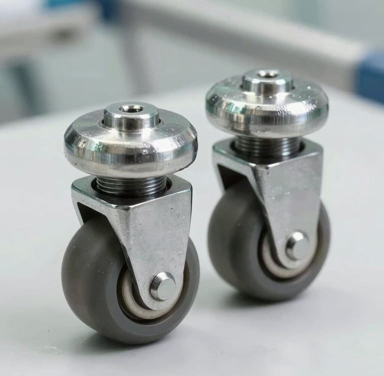 Macro shot of heavy-duty stainless steel hospital bed castor wheels, industrial precision threading, bright neutral clean-room lighting