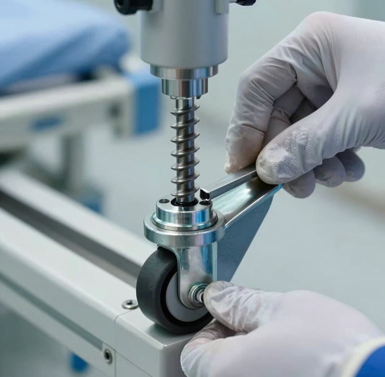 Macro shot of a technician's gloved hands tightening a heavy-duty steel castor on a hospital bed frame, bright clean-room lighting, sharp focus on the mechanical threading.