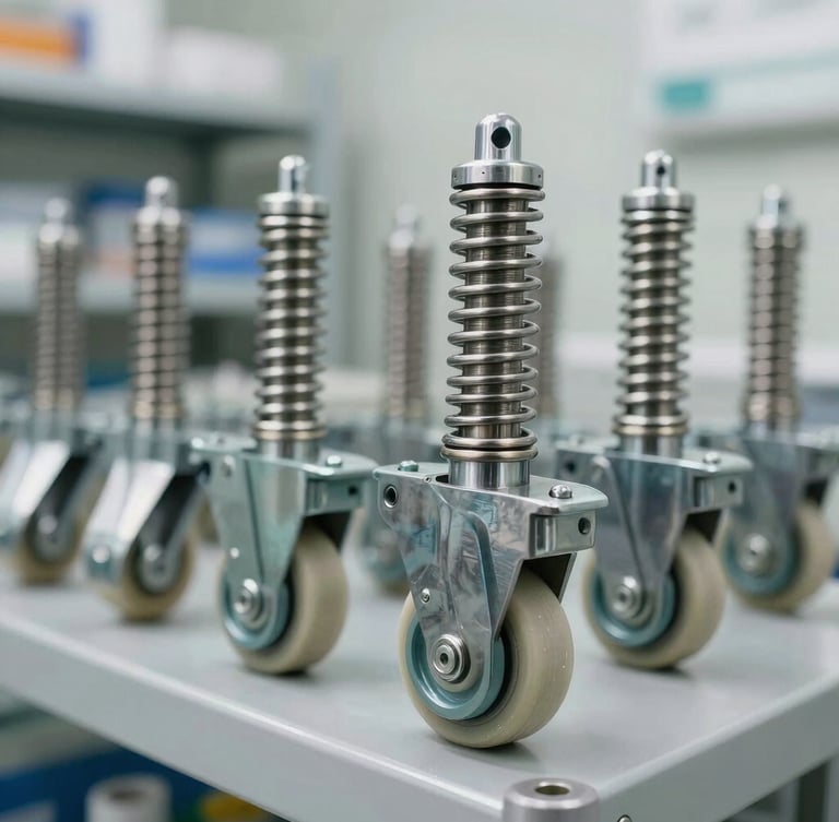 Macro close-up of heavy-duty stainless steel hospital castor wheels and hydraulic gas springs, clean-room style bright neutral lighting, organized sterile warehouse shelving in the soft-focus background, industrial precision.
