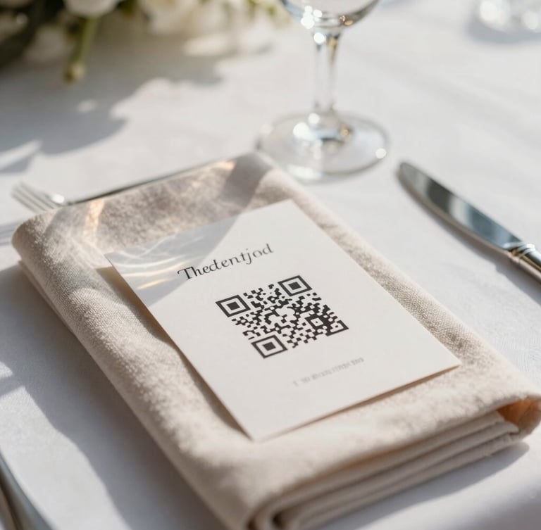 A close-up shot of an elegant wedding table setting with a soft linen napkin, a wine glass reflecting warm light, and a beautifully printed place card with a clean QR code sitting on top, shallow depth of field, natural daylight.