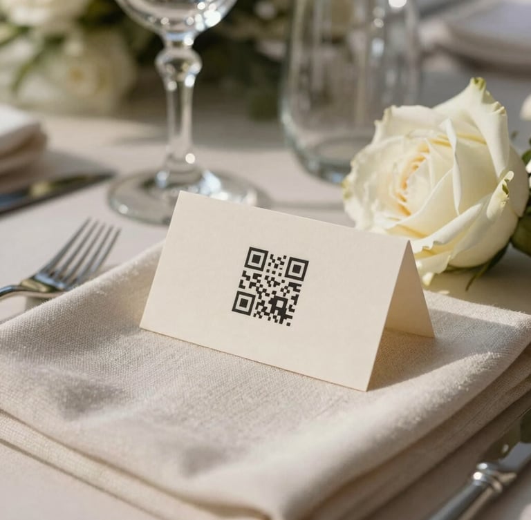 Close-up of an elegant wedding table setting, a beautifully textured linen napkin, crystal glassware, and a minimalist ivory place card with a clean QR code sitting next to a soft white rose, natural warm daylight.
