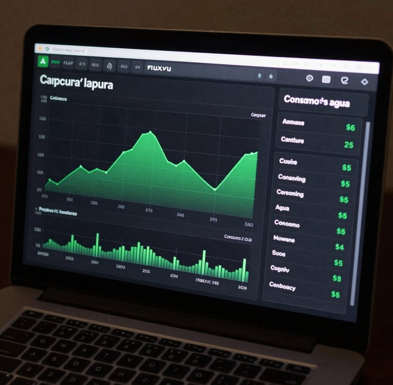 Captura de pantalla de alta resolución de la interfaz de fluxvu mostrando gráficos de consumo de agua en verde señal sobre fondo oscuro, estilo limpio y técnico