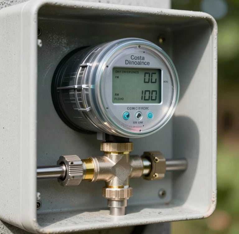 Macro shot of a ruggedized physical smart water meter installed in a concrete utility box, bright Costa Rican daylight, focus on the metallic flow sensor and digital screen showing active flow telemetry.