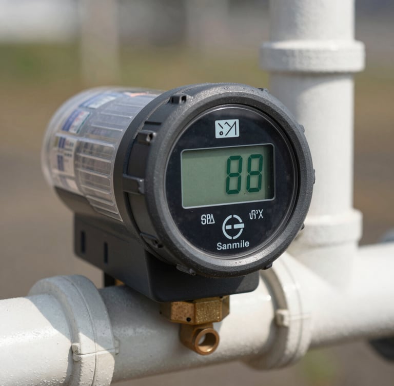 Macro shot of a ruggedized physical smart water meter installed on a clean PVC pipe in daylight, showing a digital flow reading in signal green, sharp focus.