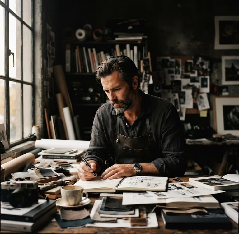 Moody editorial portrait of a creative director in a dark studio, warm natural window light casting deep shadows, desaturated tones, 35mm film style