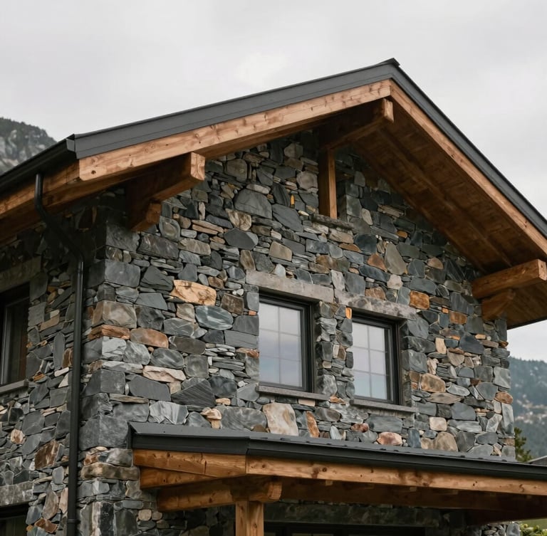 Detail architectural crop of a modern timber and stone mountain home facade, soft overcast daylight, muted slate tones, 35mm photography