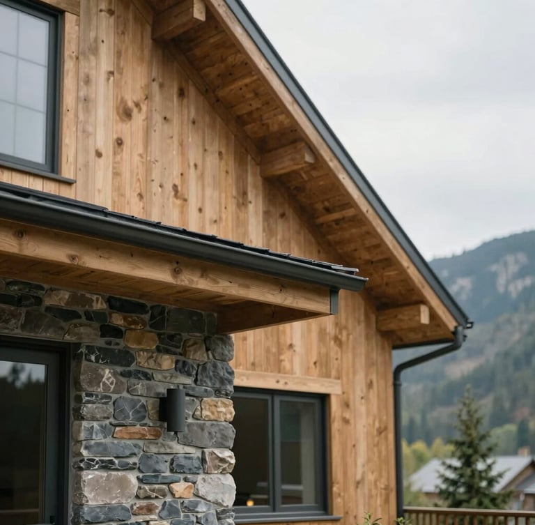 Detail of modern mountain home exterior, soft overcast daylight, natural stone and cedar siding, shallow depth of field, 35mm
