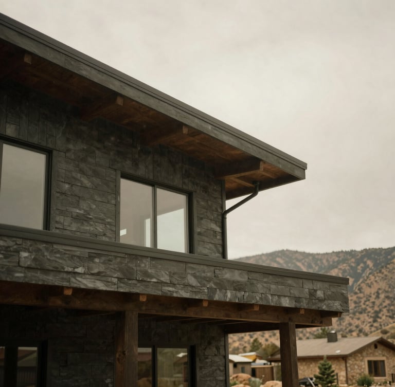Architectural detail of a modern mountain home in Kamas, soft overcast daylight, muted slate and charcoal tones, 35mm