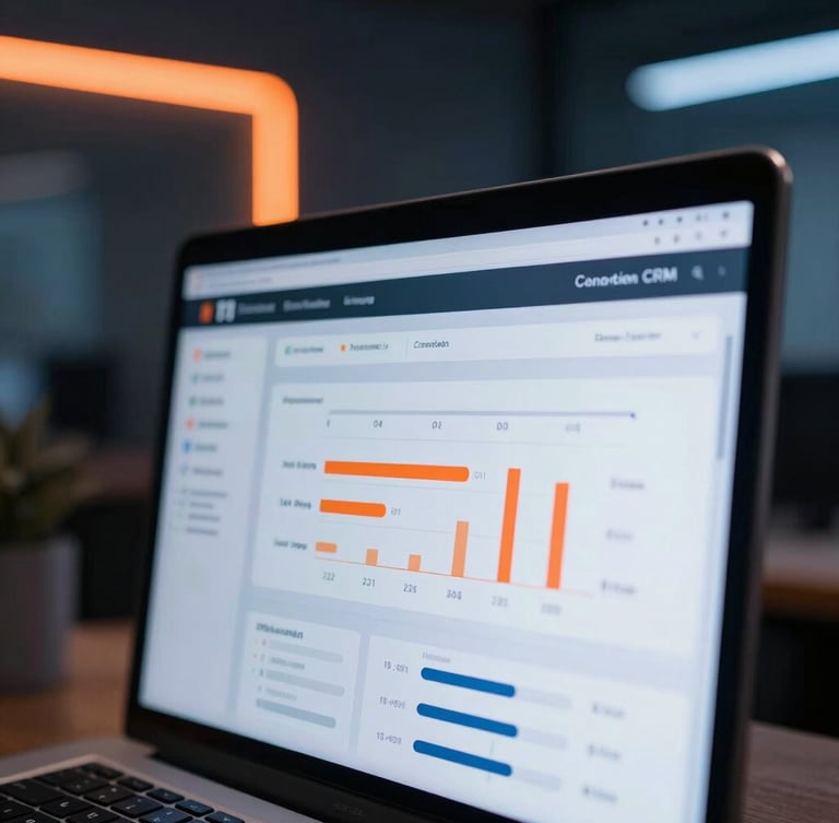 Sleek fintech photography, macro shot of a modern CRM dashboard showing positive conversion metrics, low-key ambient office lighting with sharp neon orange accents, shallow depth of field