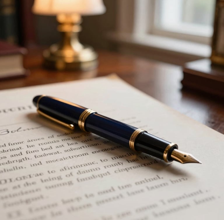 A close-up editorial photo of a fountain pen resting on a detailed vintage contract, warm library lamp light, deep navy and rich mahogany tones, shallow depth of field, 35mm