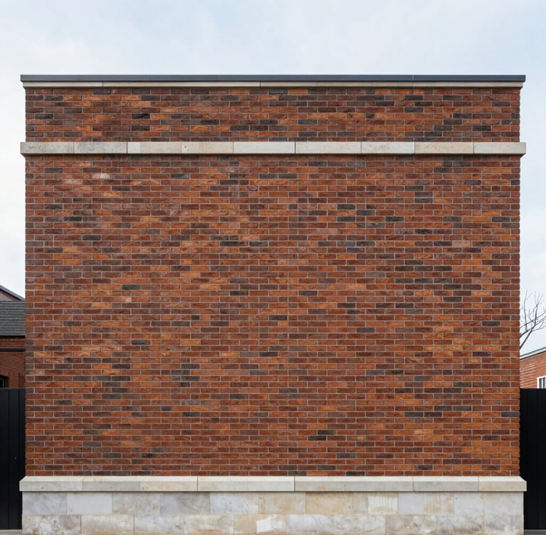 Straight-on architectural photograph of a perfectly maintained brick facade with clean limestone trim, soft overcast daylight, sharp focus on structural details