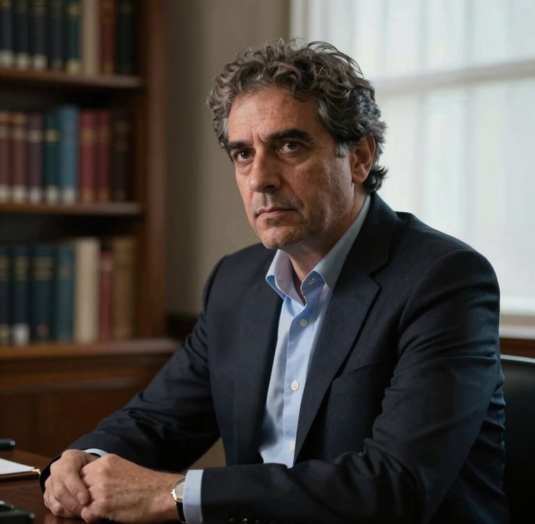 Retrato de medio cuerpo del Dr. Esteban Aquino en su despacho, iluminación lateral tenue de ventana, expresión analítica y seria, vistiendo traje oscuro, fondo de biblioteca jurídica desenfocado.
