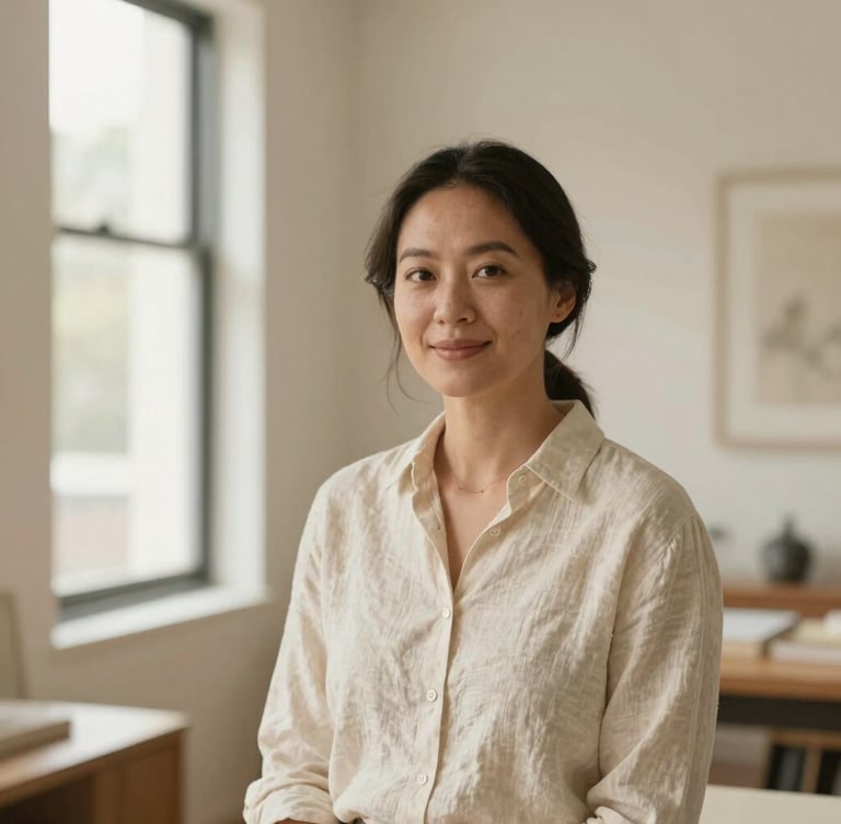 Warm portrait of a female interior stylist in her thirties, neutral cream linen shirt, soft natural light, minimalist Brisbane studio setting, professional and welcoming