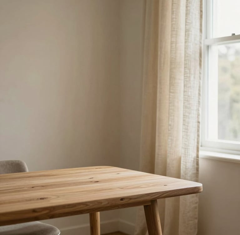 Warm editorial interior photography, soft natural window light, cream and beige tones, architectural composition, 35mm, highlighting a light oak table and linen drapes
