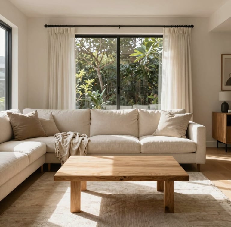 Straight-on architectural shot of a bright Brisbane living room, warm natural sun pouring over a light oak coffee table, cream boucle sofa, linen throw, neutral beige palette, 35mm editorial photography