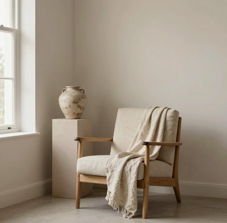 A tall portrait editorial shot of a styled living room corner, a single light oak armchair with a draped beige linen throw, a ceramic vase on a low pedestal, soft side lighting