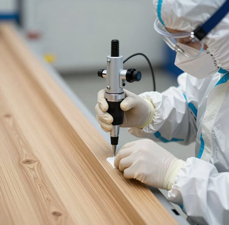 Professional technician in clean protective uniform applying a precise liquid barrier along a wooden baseboard using technical equipment.
