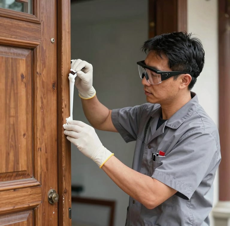 Bright clinical daylight medium shot of a professional technician in a clean grey uniform applying a precise chemical barrier to a historic wooden door frame, safety equipment visible.