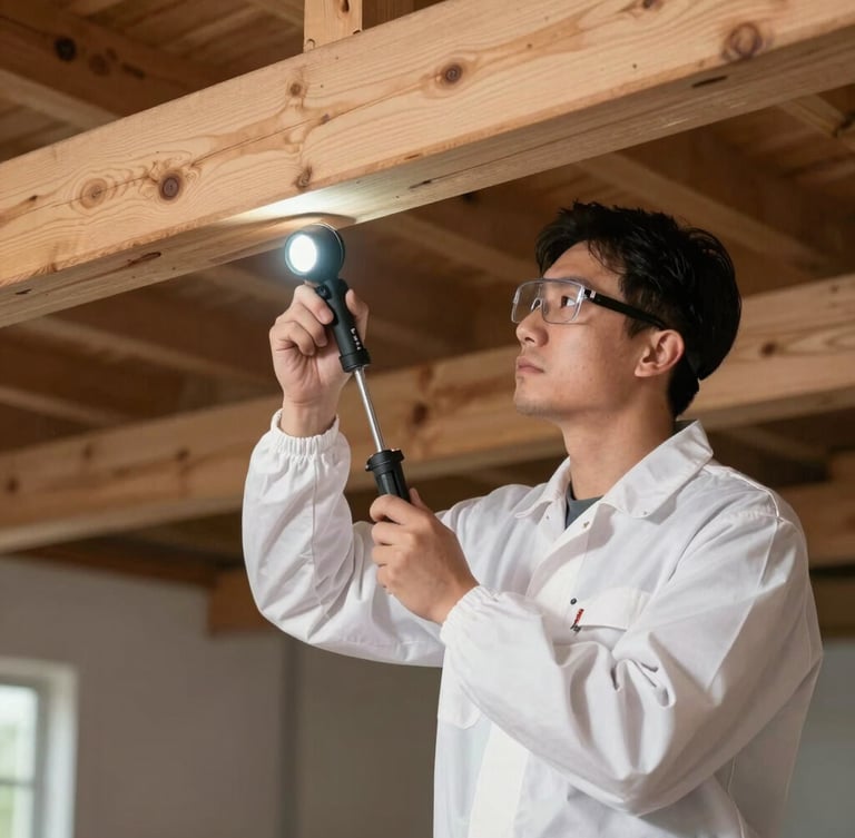 Bright clinical medium shot of a professional pest control technician in a clean uniform inspecting wooden structural beams with a flash light.