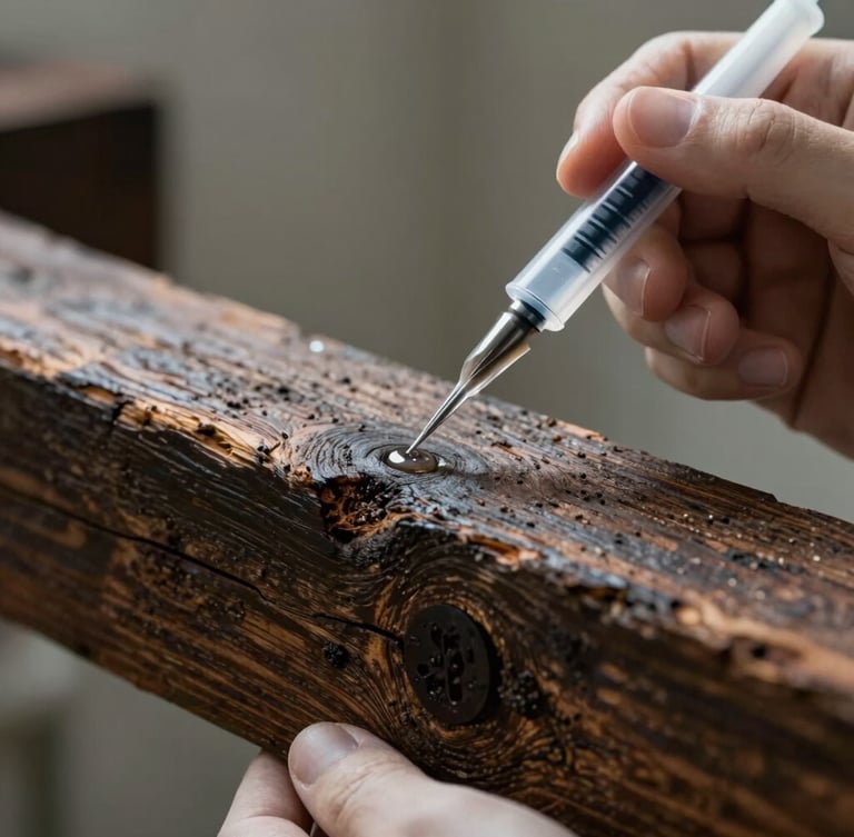 Macro close-up of a historic dark wooden beam receiving a precise technical needle injection of protective liquid, clean clinical lighting, shallow depth of field.