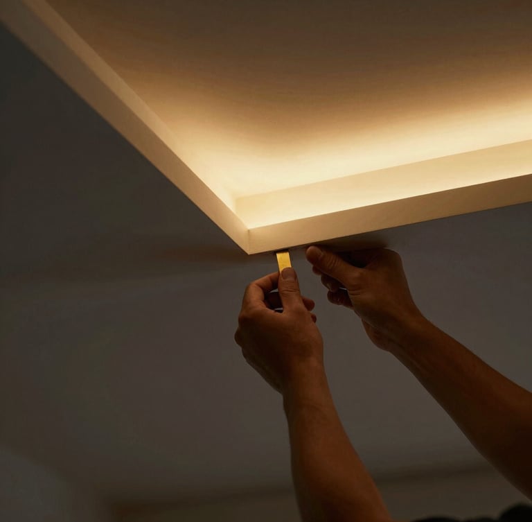Close-up of a craftsman's hands finishing a pristine drywall corner, dramatic warm golden architectural lighting, deep charcoal background, clean lines, premium editorial style