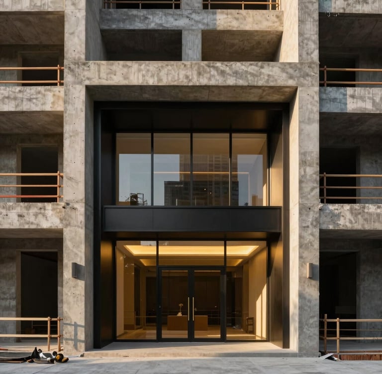 Straight-on architectural photograph of a modern luxury building construction site, sharp concrete lines, warm golden hour light, deep charcoal shadows, premium editorial style