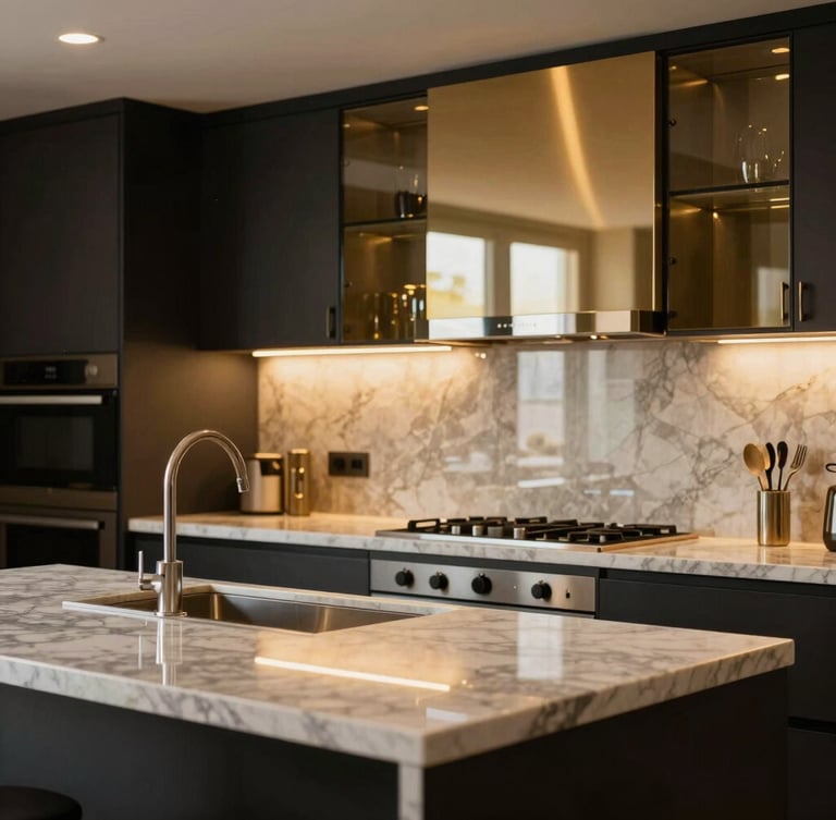 Pristine modern kitchen after post-construction cleaning, sparkling marble countertops, warm golden architectural lighting reflecting on clean glass surfaces, 35mm editorial photography