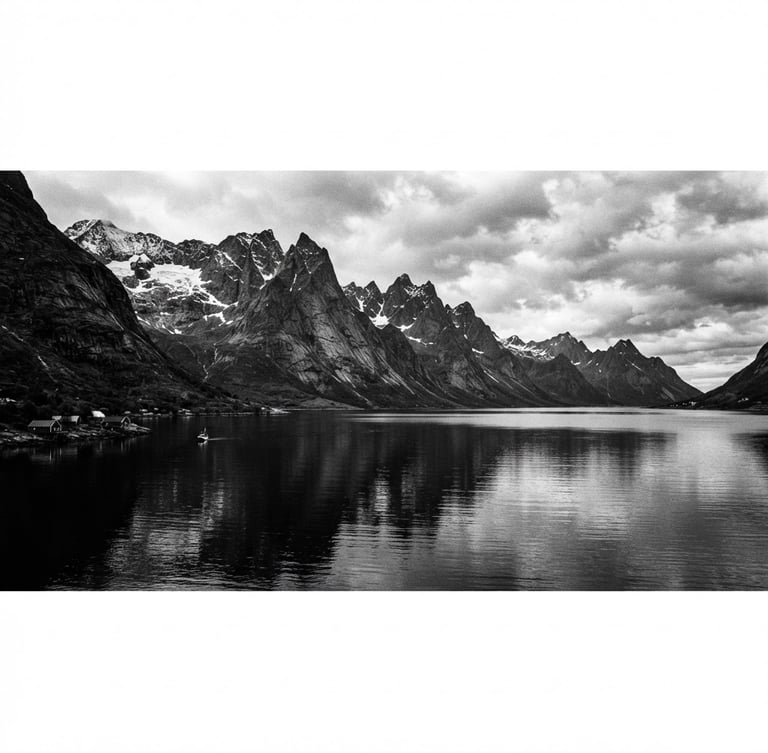 Wide panoramic black and white Norwegian fjord landscape, dramatic high contrast, sharp mountain peaks, deep shadows, minimalist, with vast negative space, 35mm