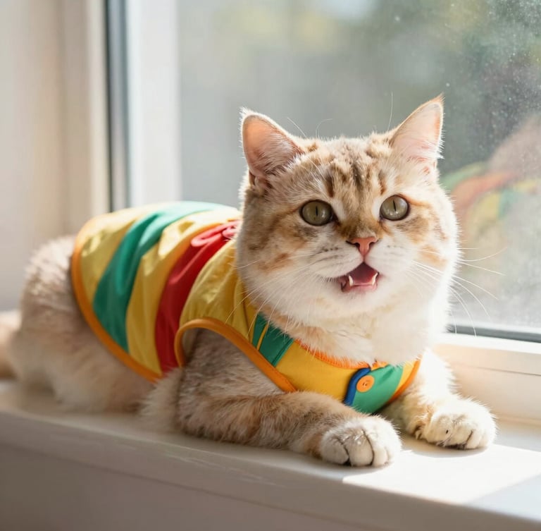 Medium close-up of a happy fluffy cat wearing a colorful tailor-made vest, resting on a sunny window sill, bright natural lighting, warm colors