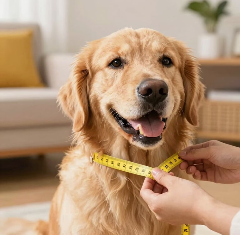 Close-up of hands measuring a happy golden retriever with a soft yellow tape measure, warm natural daylight, cozy Mexican home setting