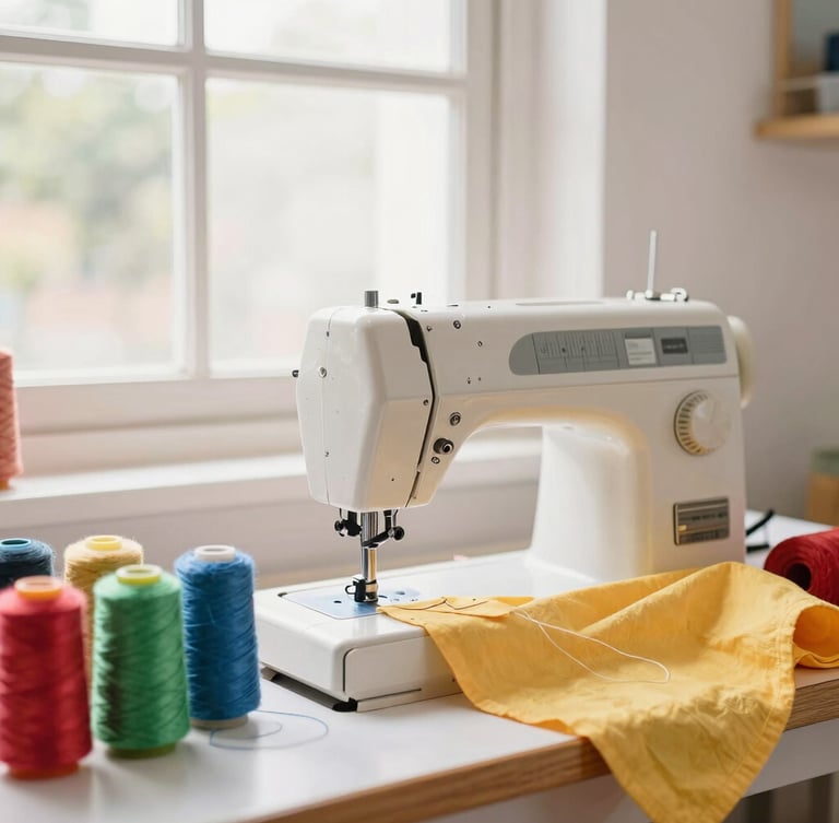 A cozy family workshop in Celaya with colorful threads, a vintage sewing machine, and bright fabrics, warm daylight streaming through a window