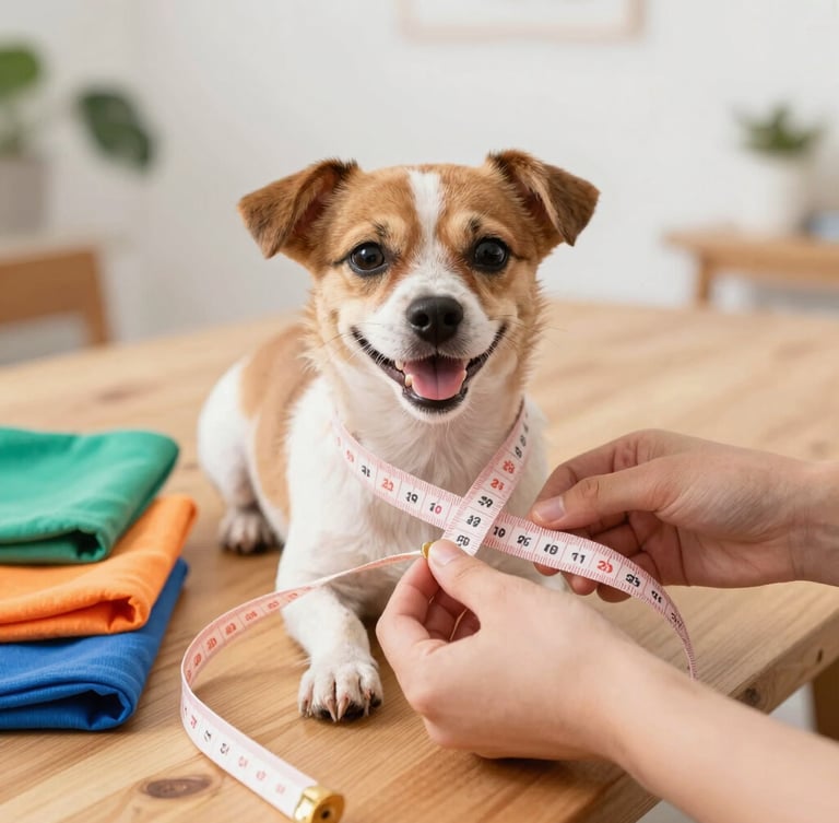 Close-up of hands carefully measuring a happy small dog with a soft tape measure, warm natural daylight, colorful fabrics on a wooden table in Celaya workshop
