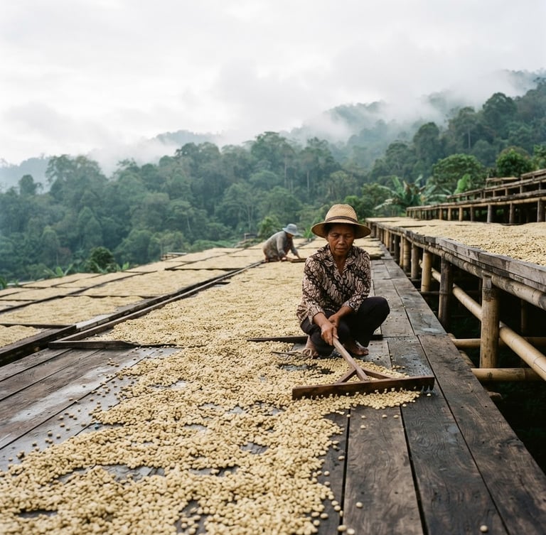 A documentary film photograph of wet-hulled coffee parchment drying on wide wooden patios under soft, diffused equatorial morning light in Sumatra.