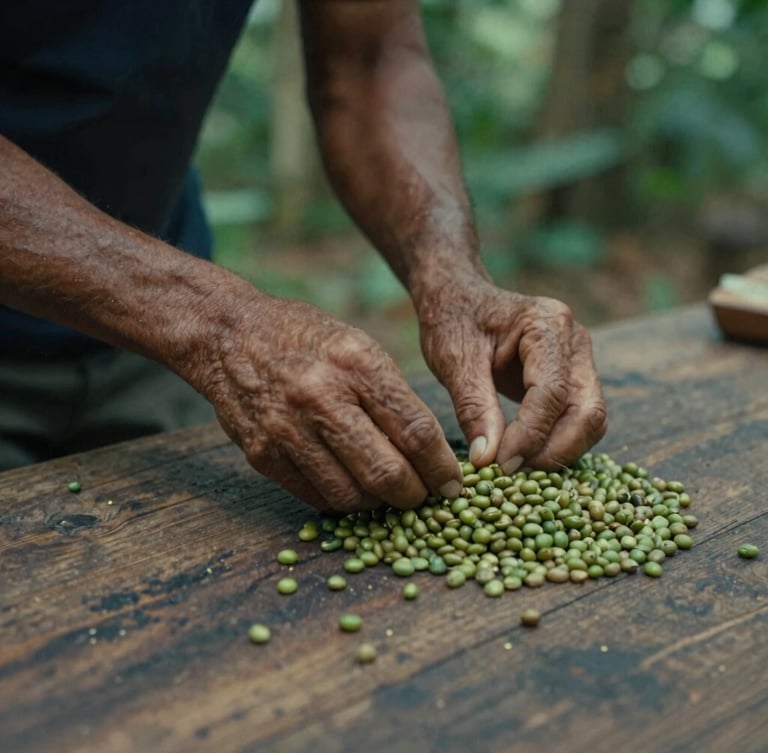 A close-up documentary photograph of a farmer's weathered hands carefully sorting green coffee beans on a rustic wooden table, soft dappled forest light.
