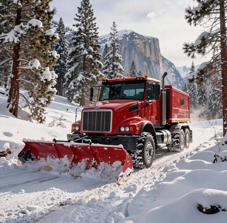 Wide shot of a rugged red snowplow truck clearing deep snow from a steep mountain driveway in Boulder, pine trees laden with heavy snow, bright winter morning light, Flatirons visible in the background.