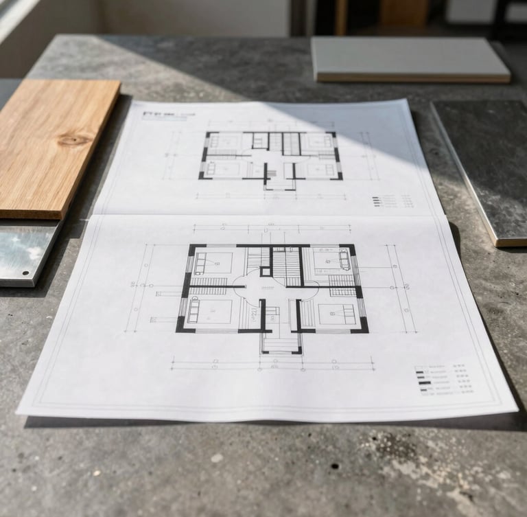 Straight-on architectural shot of architectural blueprints laid out on a dark concrete table, raw oak and steel material samples, sharp natural daylight