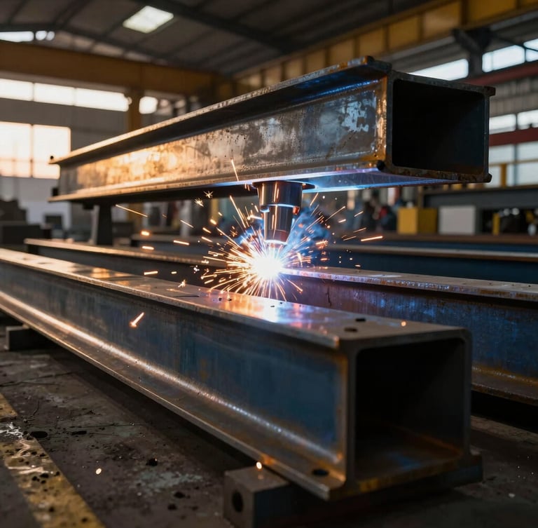Close-up of industrial steel fabrication, precision welding of heavy-gauge structural steel beams in a modern manufacturing plant, bright sparks, dramatic high-contrast lighting.