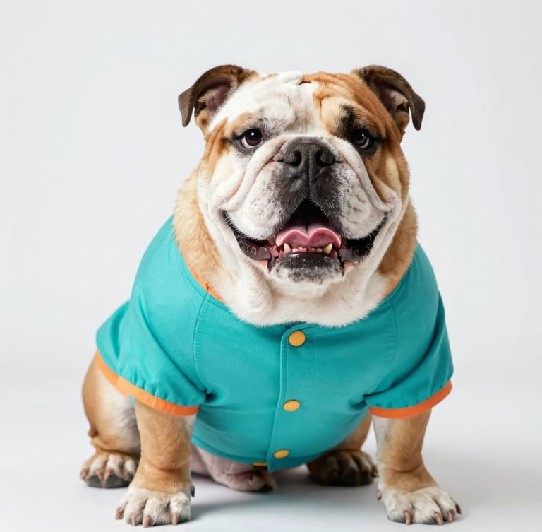 Bright studio photography of a happy, broad-chested bulldog wearing a colorful custom-tailored teal shirt, soft natural light, sharp focus, 50mm