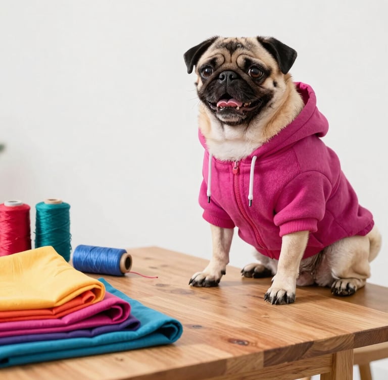 Candid eye-level shot of a Mexican family workshop in Celaya, colorful fabrics and threads on a wooden table, a happy pug wearing a customized magenta hoodie sitting nearby, bright daylight