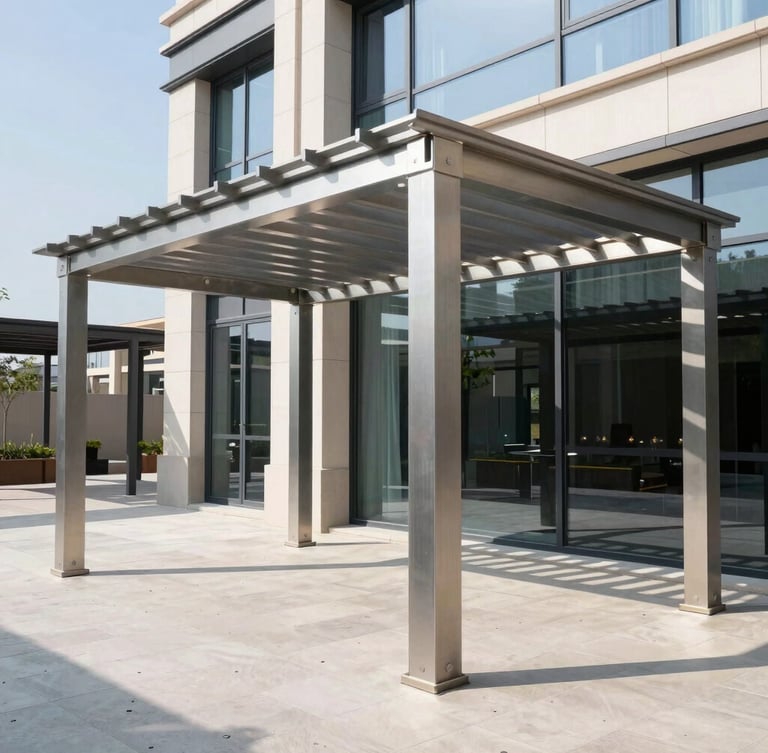Wide-angle architectural exterior shot of installed premium aluminum pergolas and modern lambrines on a luxury commercial terrace, sharp daylight casting clean geometric lines.