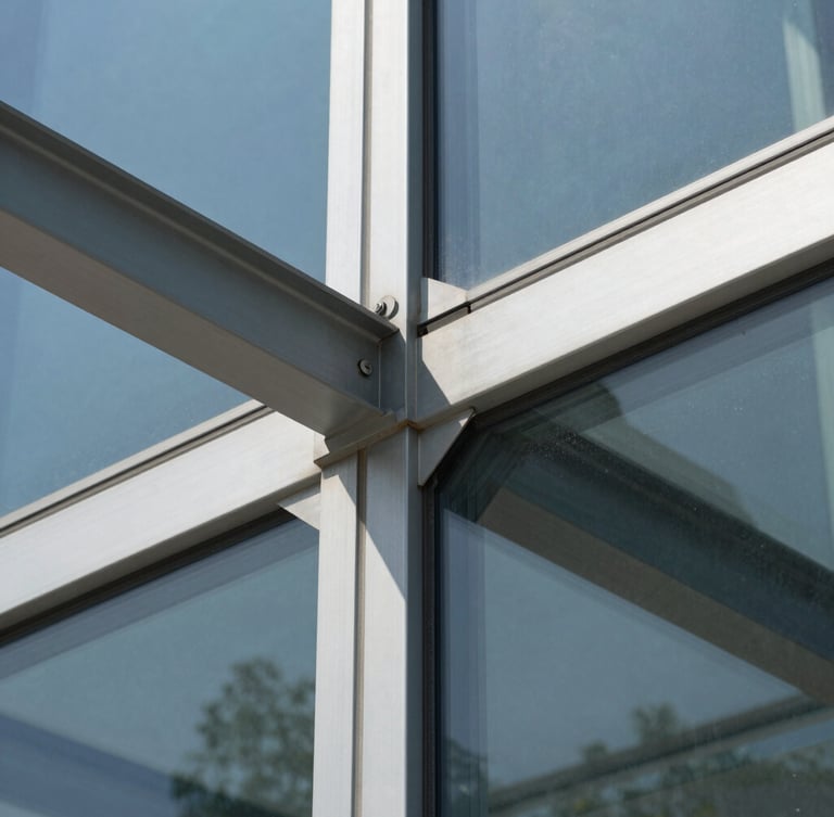 Macro detail shot of a structural glass connection on a commercial building, focusing on clean steel joints, flawless glass panels, and sharp geometric shadows under bright daylight.