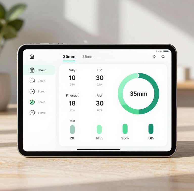 Crisp UI mockup on a modern Android device showing a clean performance dashboard with bright natural daylight and soft shadows, 35mm