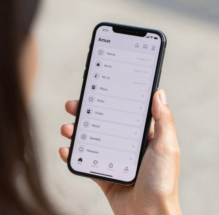 Over-the-shoulder view of a hand holding a modern Android phone displaying a clean, high-contrast user interface with large touch targets. Bright natural daylight, crisp details, soft shadows.