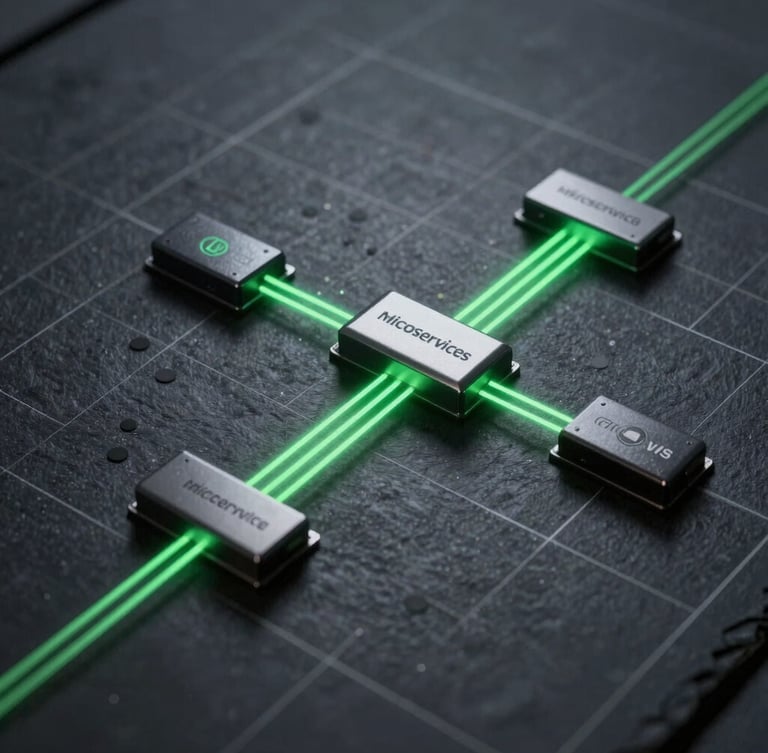 High-fidelity system architecture diagram showing microservices connected by a clean data bus, glowing green lines on a dark slate grid background