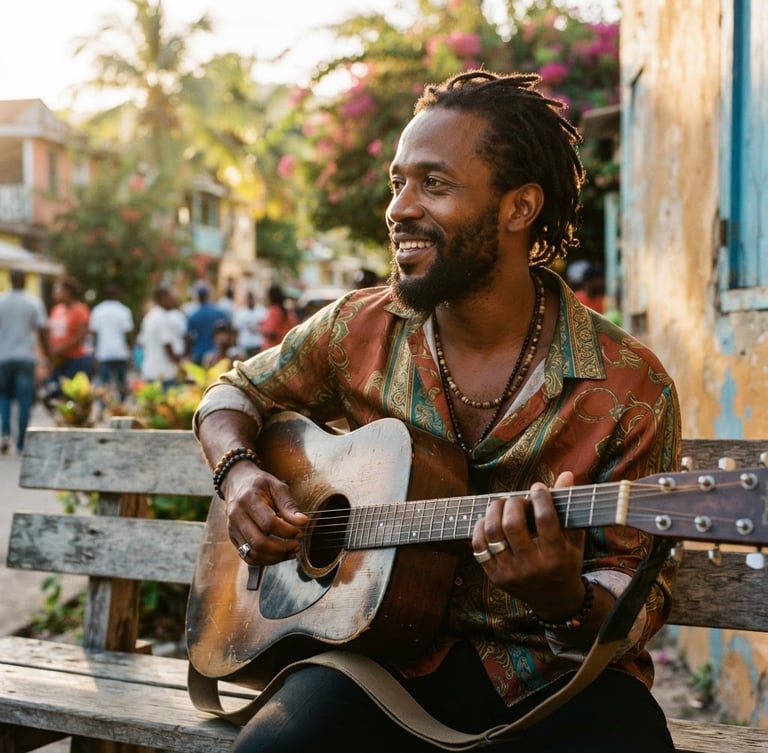 Portrait de trois-quarts d'un musicien de la diaspora afro-caraïbéenne sous une lumière dorée de fin d'après-midi, tons chauds, grain argentique, esthétique haut de gamme