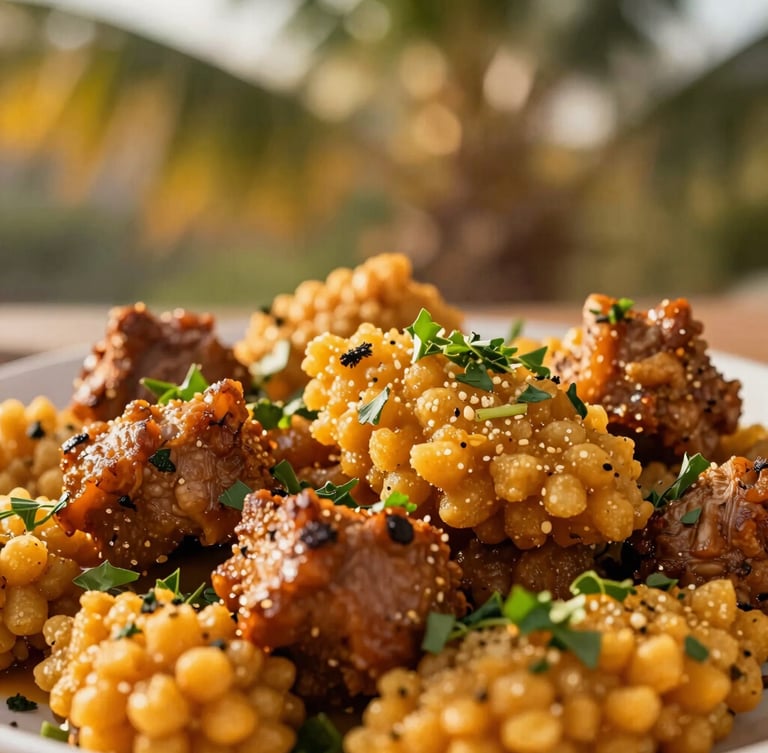 Close-up of Ivorian poisson braisé with vibrant alloco and finely textured attiéké, fresh herbs, warm tropical lighting, shallow depth of field, 35mm photography