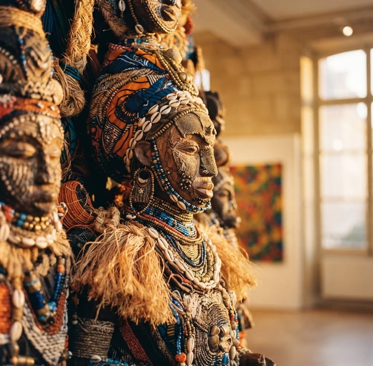 Elegant close-up of a contemporary Afro-Caribbean art installation under warm golden-hour Parisian sunlight, shallow depth of field, prestigious exhibition style