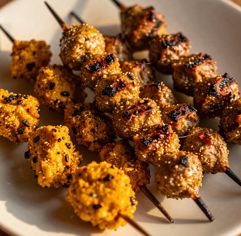 Close-up of a beautifully styled plate of grilled Congolese brochettes with golden chikwanga, rich textures, warm golden-hour lighting, 35mm editorial photography