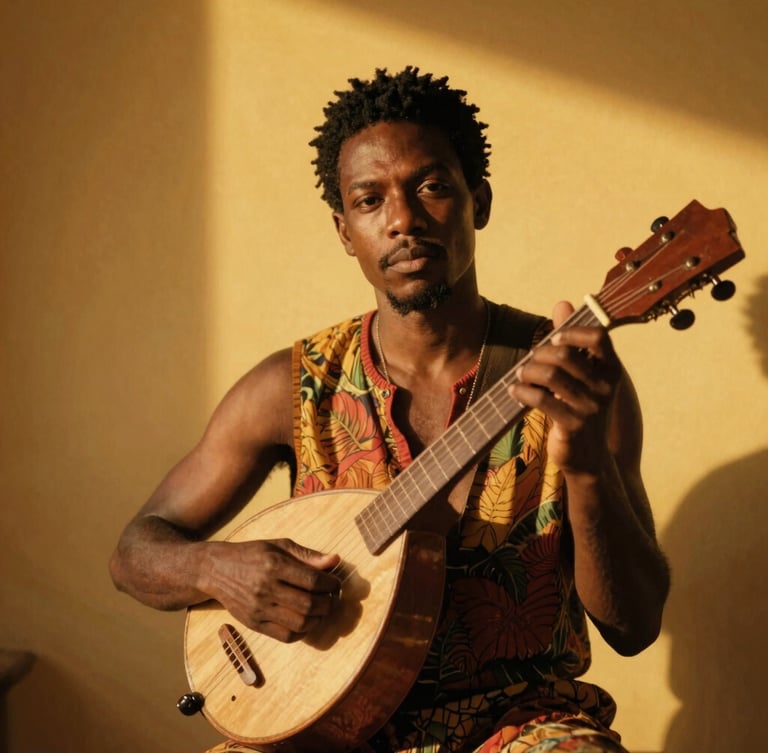 Refined portrait of a contemporary Afro-Caribbean artist holding a traditional string instrument, warm golden-hour studio lighting, rich shadows, 35mm